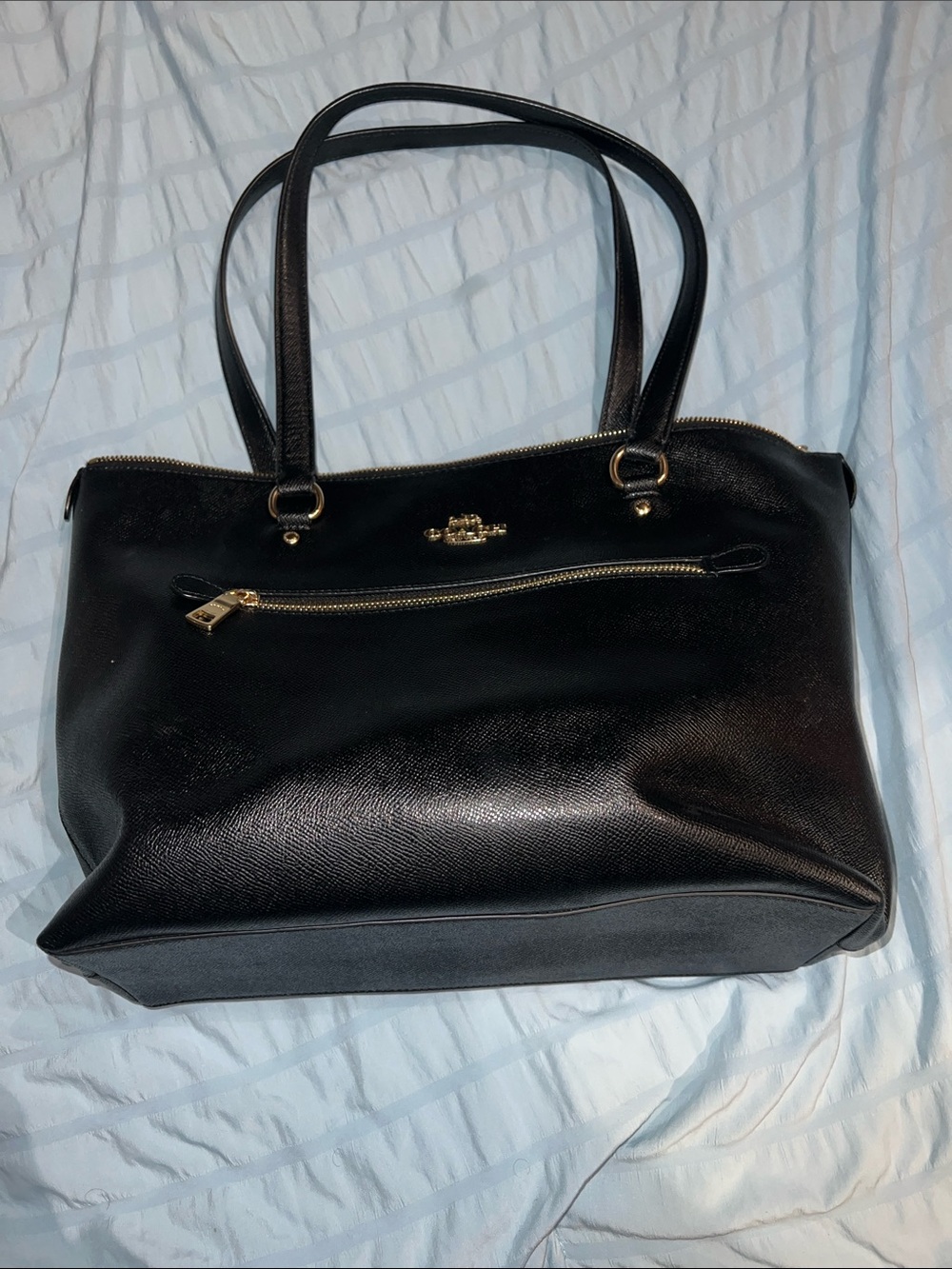 Coach Black Leather Tote with Gold Accents